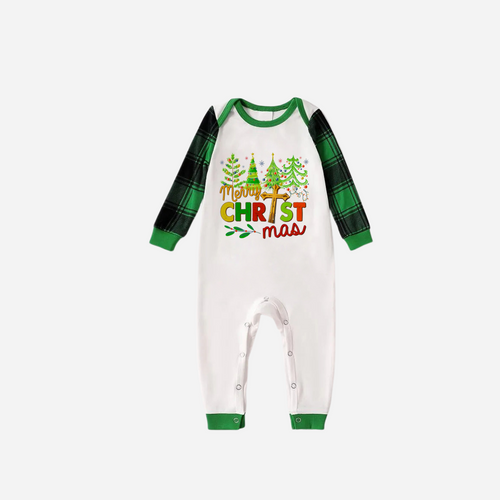 Drune | Frohe Weihnachten Bäume Familie Weihnachts-Pyjama-Set - Weißes Oberteil mit grünen Ärmeln und grünen karierten Hosen