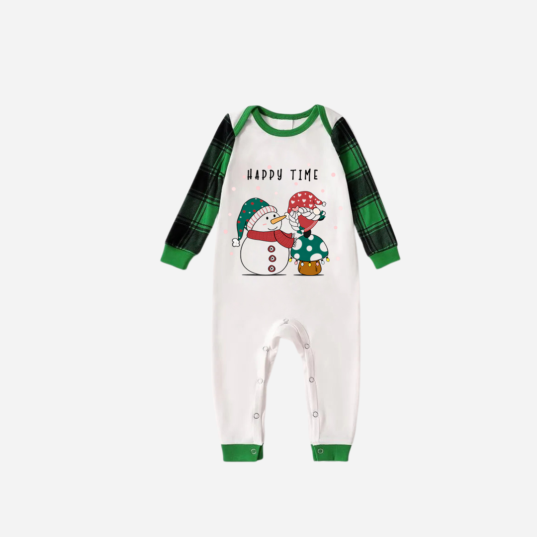 Drune | Grünes Raglan-Oberteil Grüner karierter Weihnachts-Pyjama-Set mit Schneemann und Gnom und "Happy Time" Textdruck