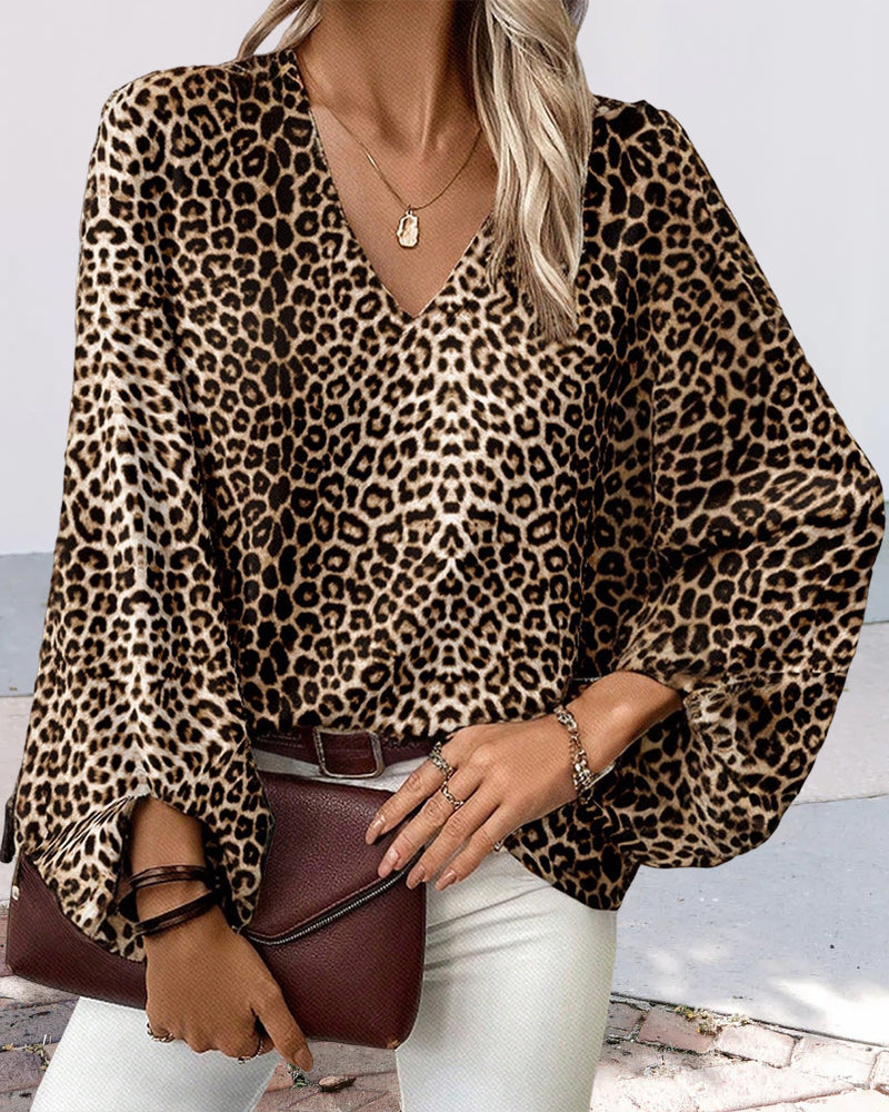 Drune | Stilvolles Leopardenprint-Top mit V-Ausschnitt und Laternenärmeln