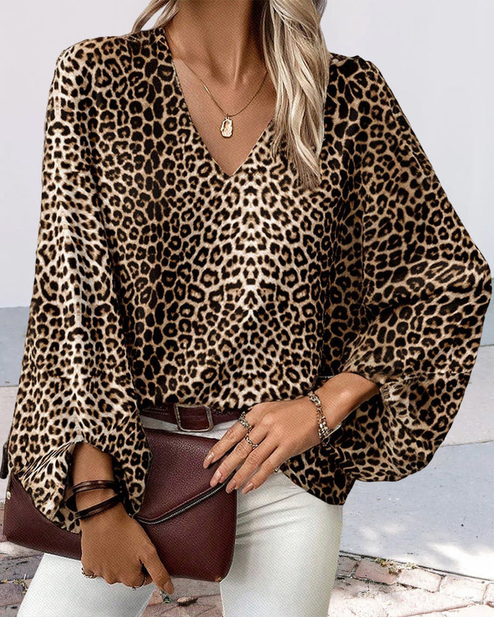 Drune | Stilvolles Leopardenprint-Top mit V-Ausschnitt und Laternenärmeln
