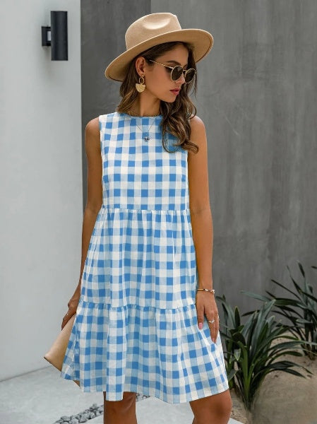 Drune | Mode, Locker Geschnittenes Damenkleid mit Rundhalsausschnitt, Kariert Pastelmittelrock