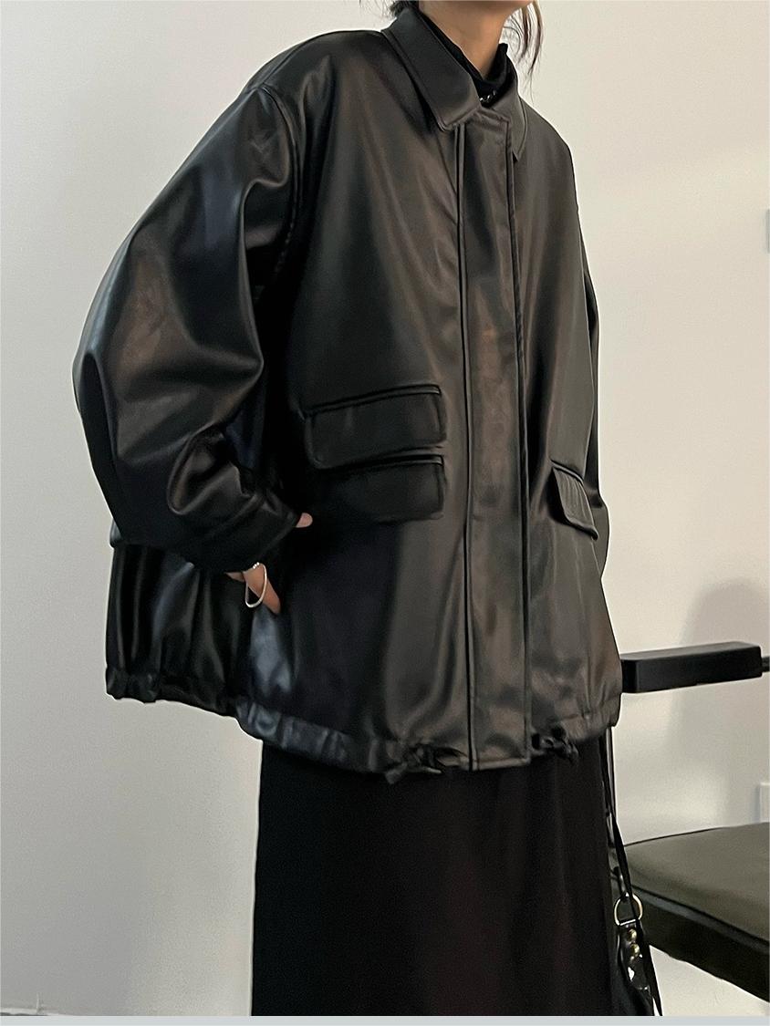 Drune | Übergroße schwarze vegane Lederjacke mit Reißverschluss