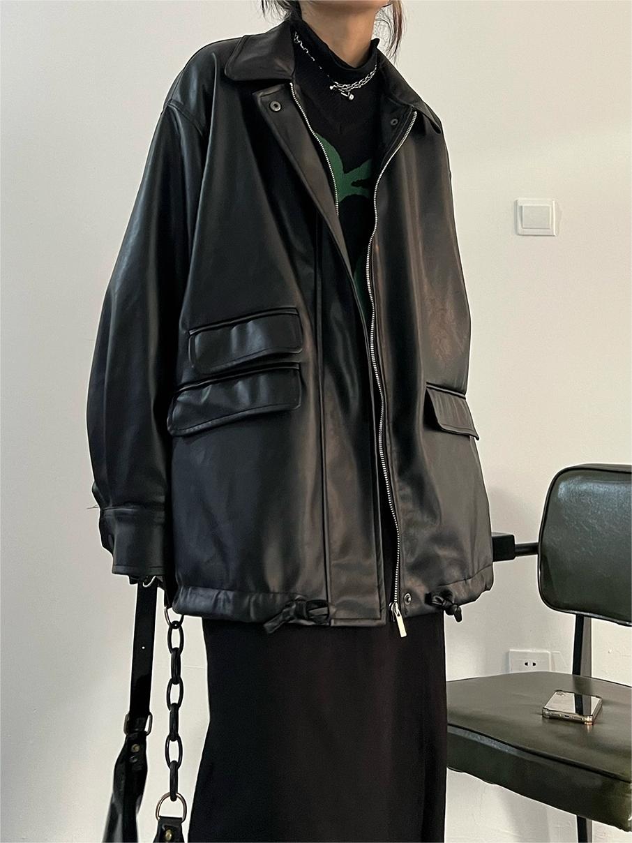 Drune | Übergroße schwarze vegane Lederjacke mit Reißverschluss
