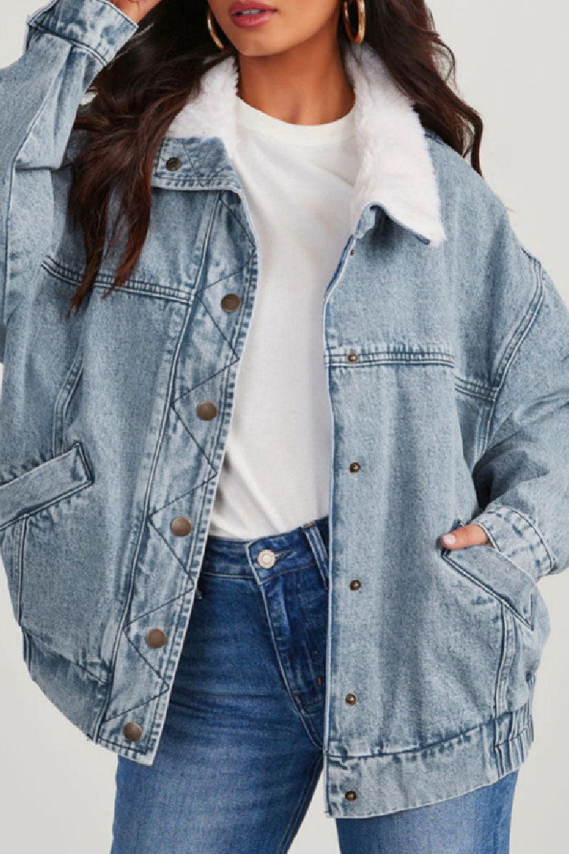 Drune | Solide Patchwork Umlegekragen Langarm Reguläre Denimjacke