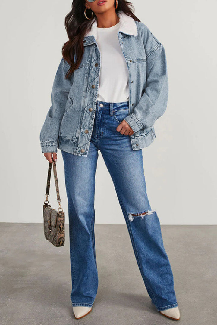 Drune | Solide Patchwork Umlegekragen Langarm Reguläre Denimjacke