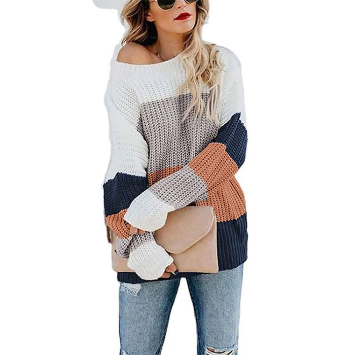 Damen Freizeit-Strickpullover mit modernem Blockstreifenmuster und Rundhalsausschnitt Drune