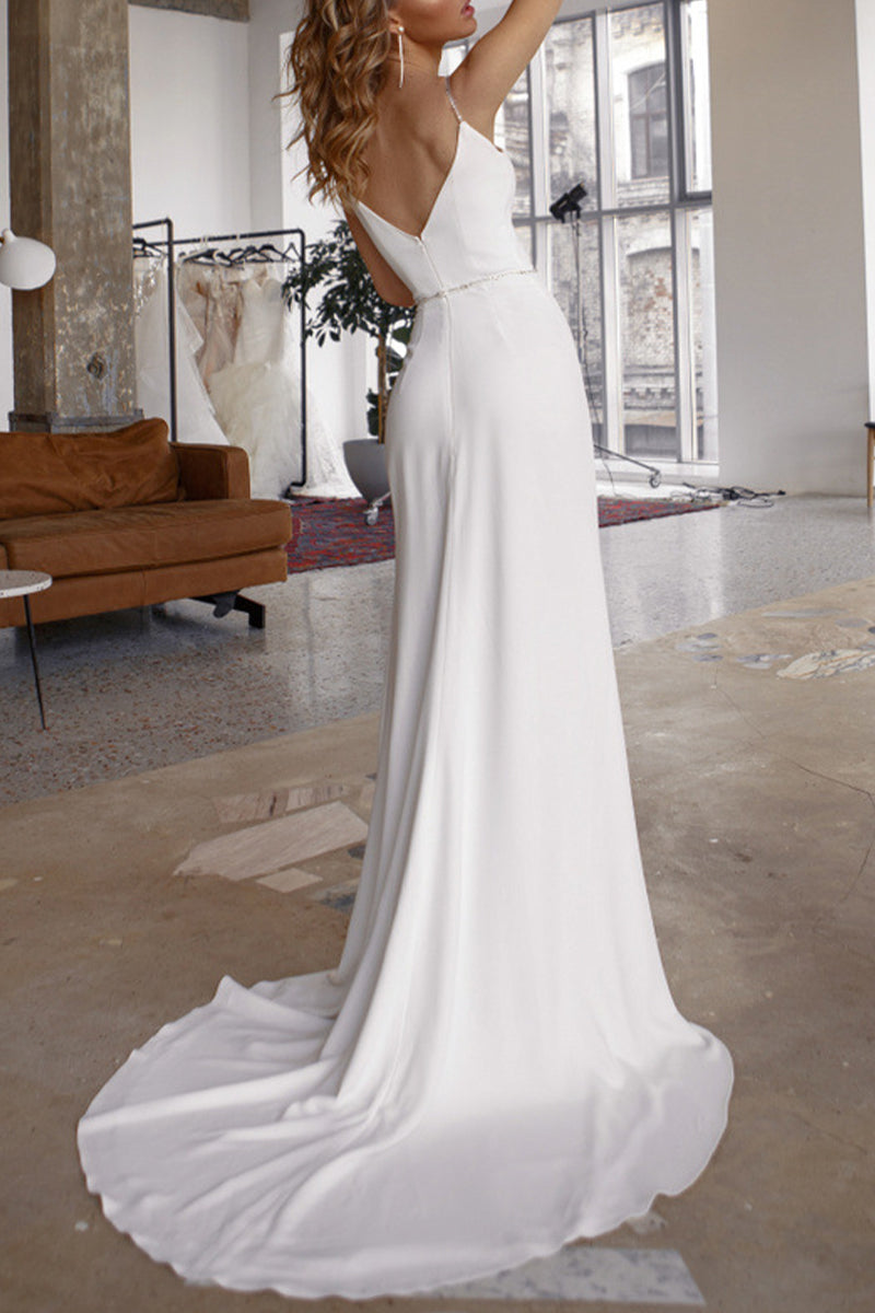 Drune | Sexy Elegante Einfarbige Schlitz V-Ausschnitt Abendkleid Kleider