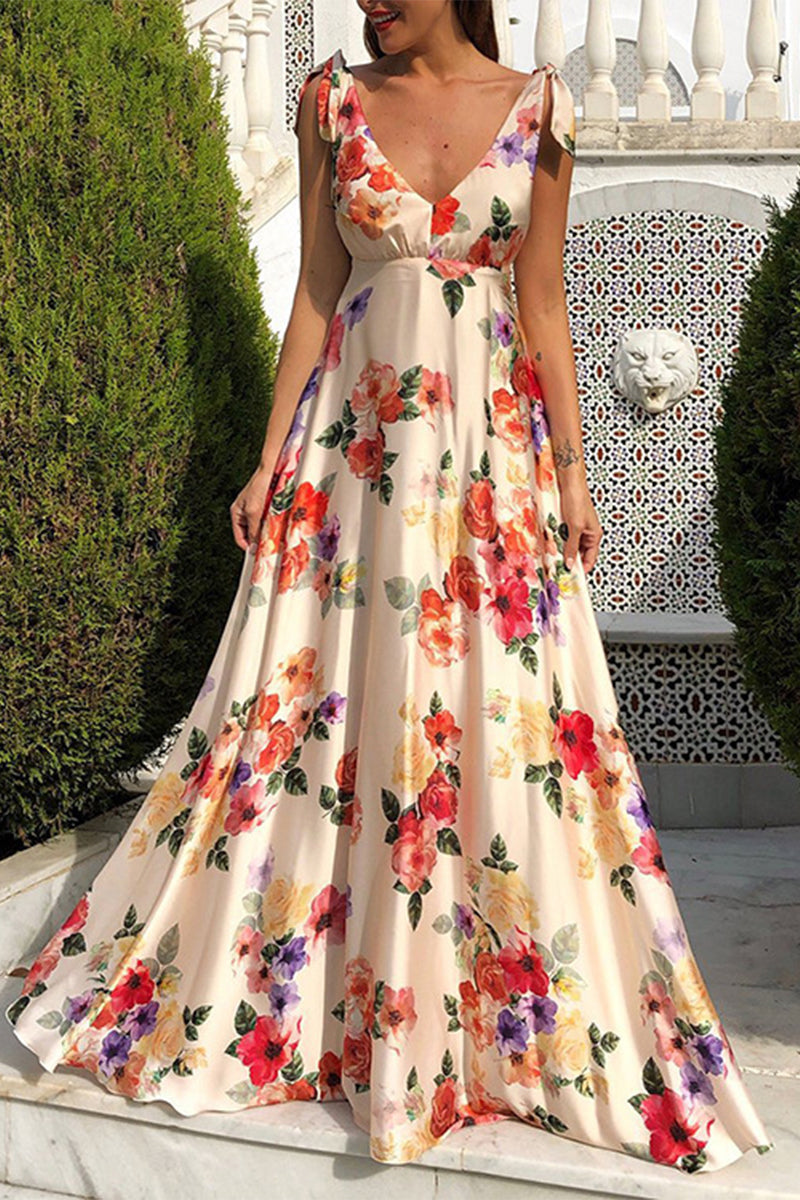 Drune | Elegantes florales rückenfreies V-Ausschnitt bedrucktes Kleid Kleider
