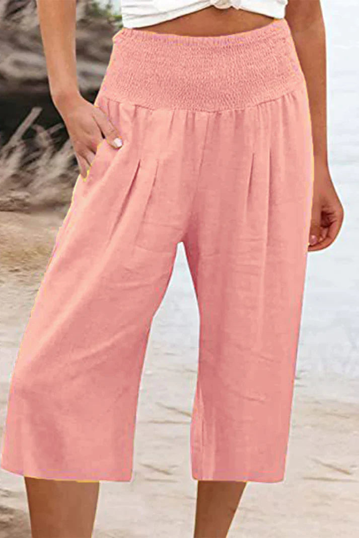 Drune - Einfache Hose mit hoher Taille und weitem Bein, einfarbig, mittlere Länge