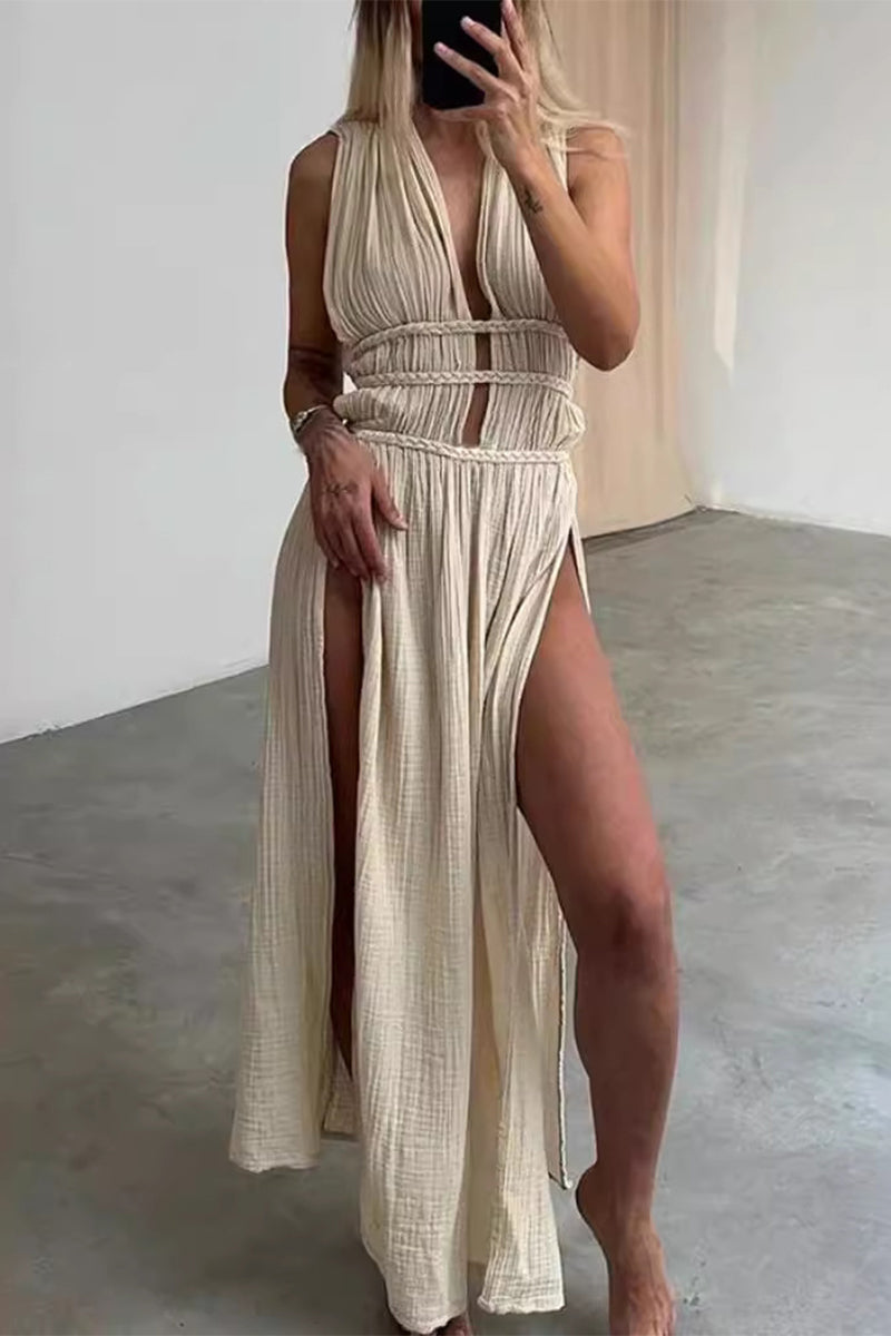 Drune | Sexy Bohemian Einfarbige Schlitz V-Ausschnitt Strandkleider