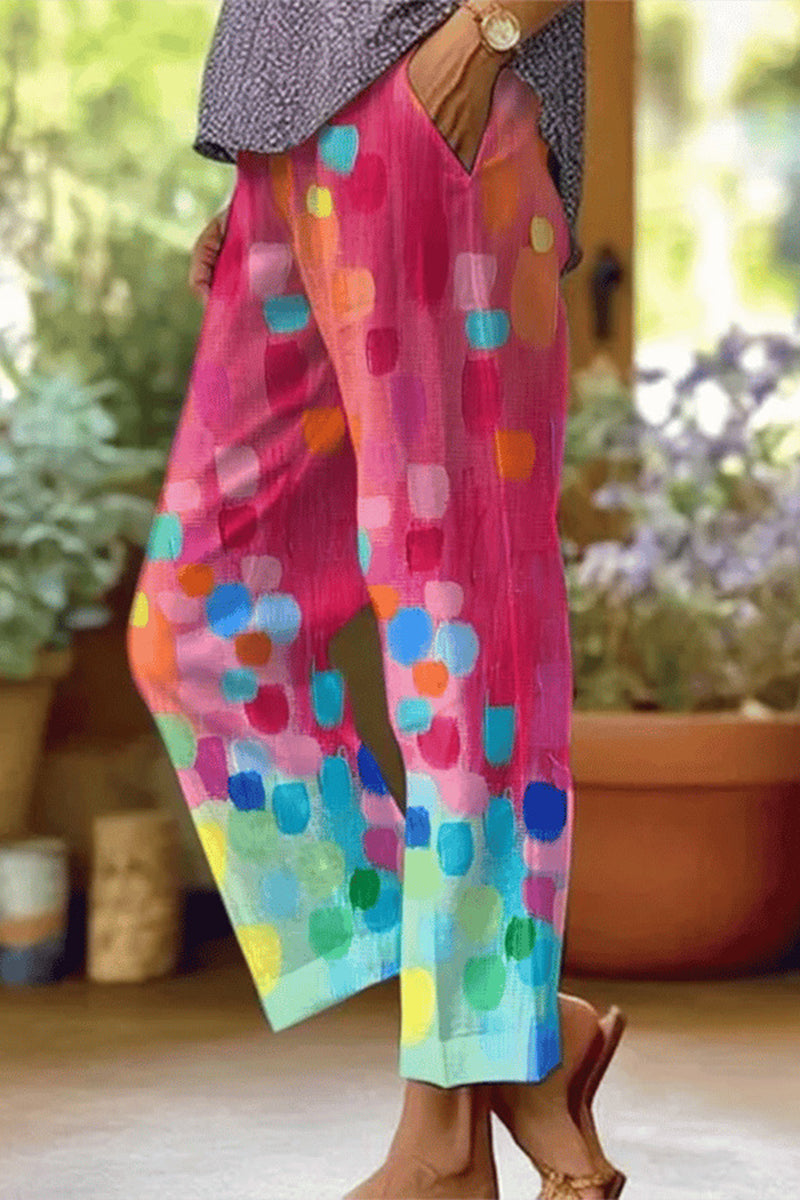 Drune | Lässige florale Patchwork lockere Mittel Taille gerade Volldruck Hosen