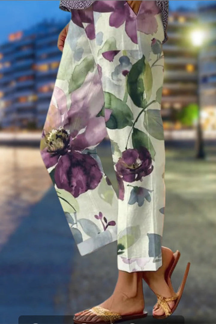Drune | Lässige florale Patchwork lockere Mittel Taille gerade Volldruck Hosen