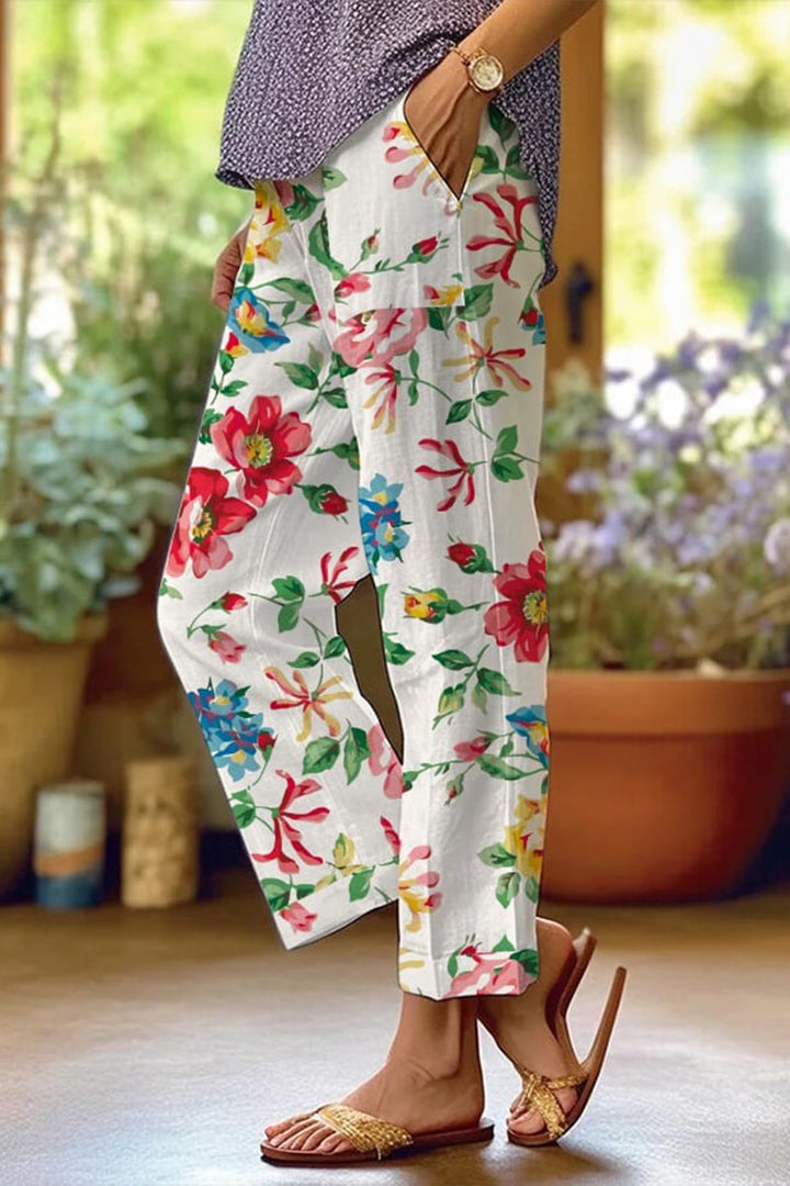 Drune | Lässige florale Patchwork lockere Mittel Taille gerade Volldruck Hosen