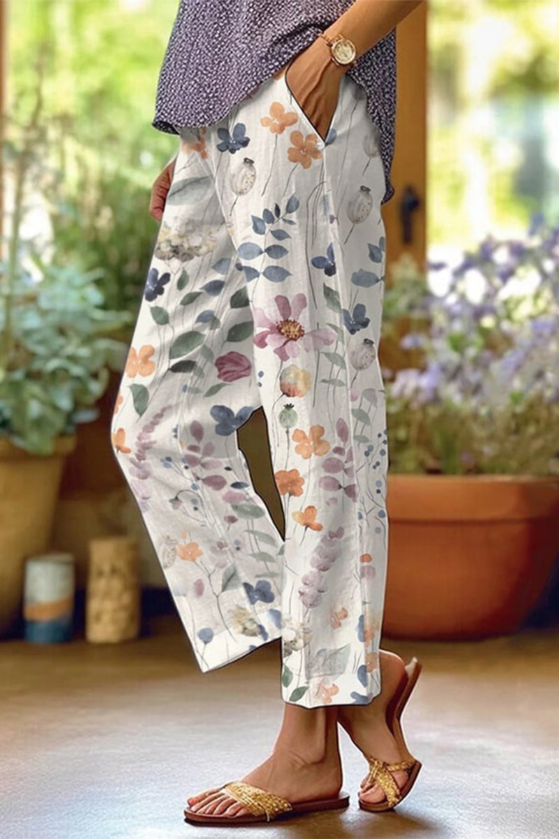 Drune | Lässige florale Patchwork lockere Mittel Taille gerade Volldruck Hosen