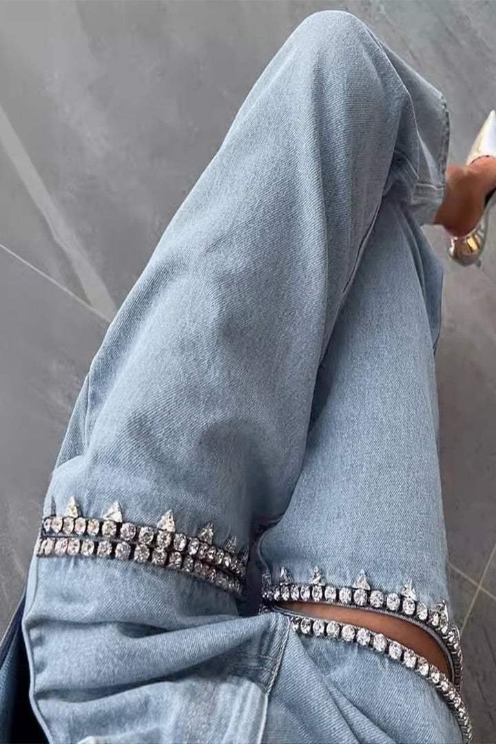 Drune | Street Einfarbige Strass Dekor Hohe Taille Denim Jeans