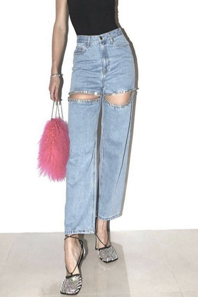 Drune | Street Einfarbige Strass Dekor Hohe Taille Denim Jeans