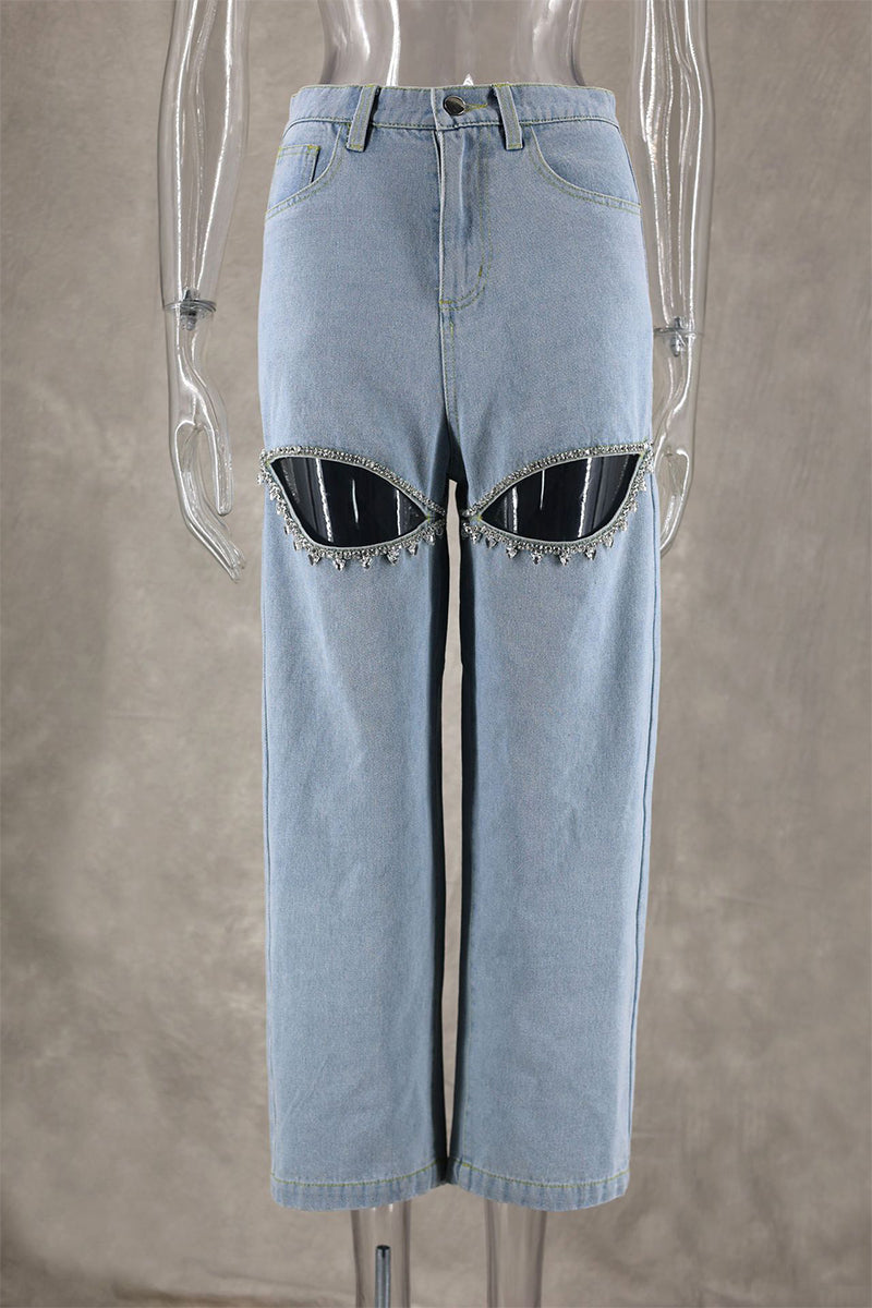 Drune | Street Einfarbige Strass Dekor Hohe Taille Denim Jeans