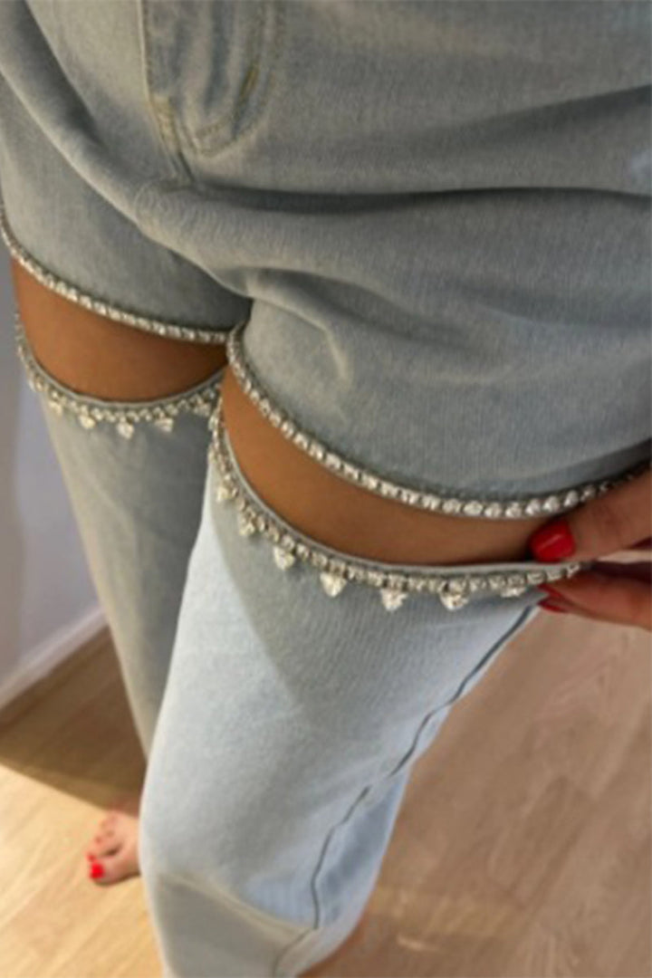 Drune | Street Einfarbige Strass Dekor Hohe Taille Denim Jeans
