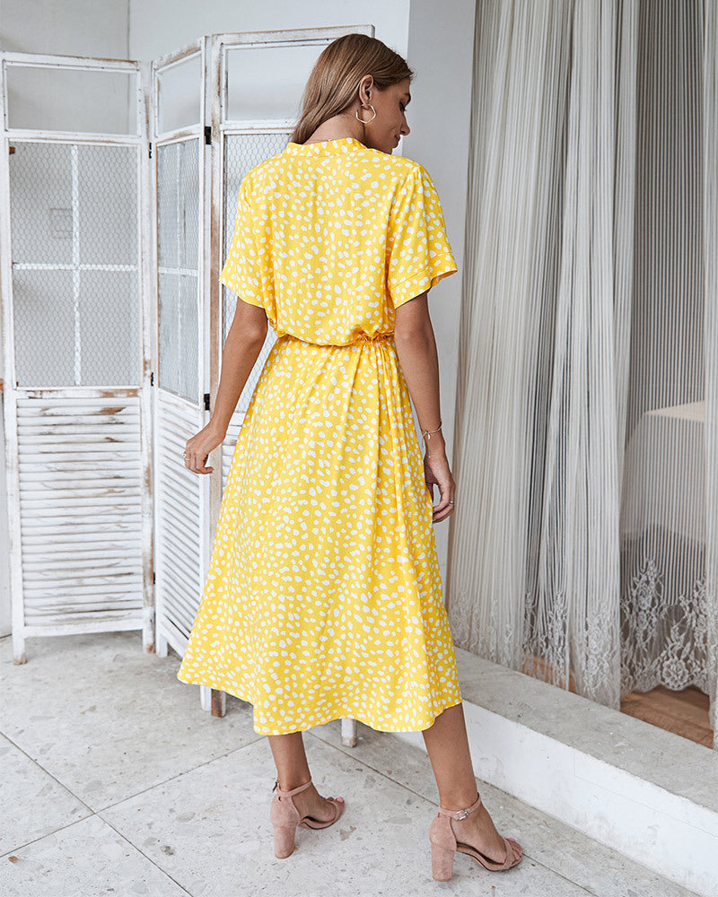 Drune | Lässiger Polka Dot V-Ausschnitt Kurzarm Midi Kleid