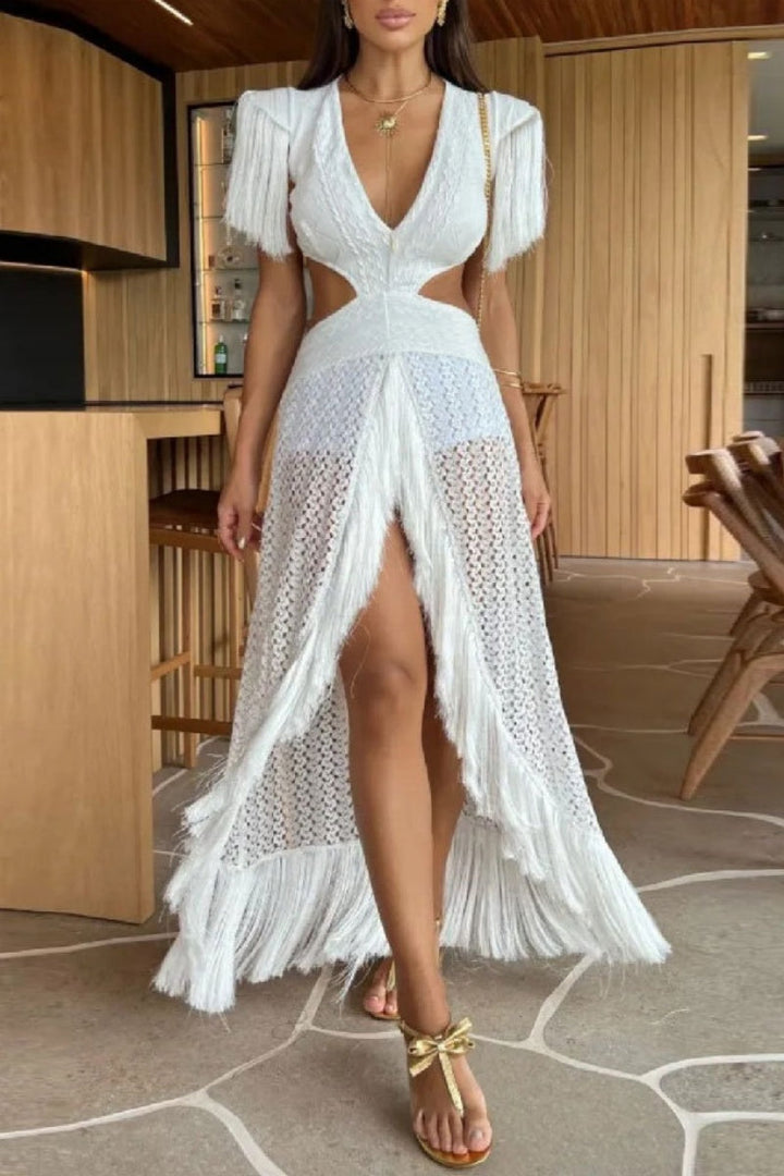 Drune | Sexy Urlaub Einfarbige Fransenbesatz Hohlraumausschnitt Tiefer V-Ausschnitt Lange Kleider