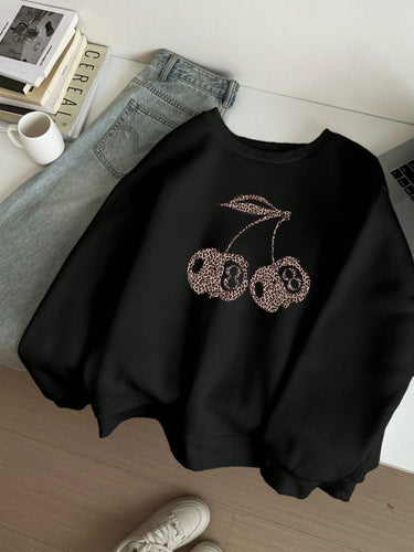 Drune | Lässiges Leopard- und Kirschgrafik-Sweatshirt in Schwarz
