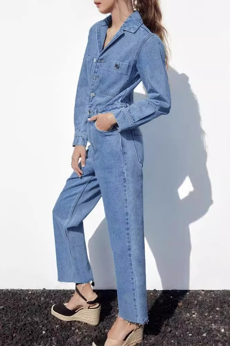 Drune | Lässiger Street Einfarbiger Taschenknopf Umlegekragen Lange Ärmel Lockere Denim Overalls