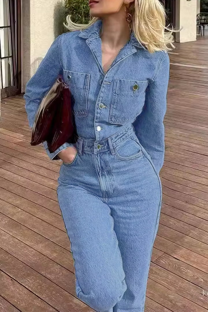 Drune | Lässiger Street Einfarbiger Taschenknopf Umlegekragen Lange Ärmel Lockere Denim Overalls