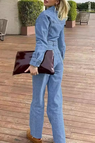 Drune | Lässiger Street Einfarbiger Taschenknopf Umlegekragen Lange Ärmel Lockere Denim Overalls