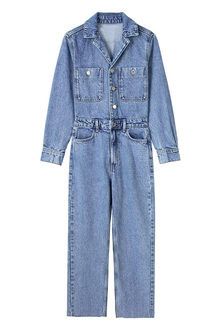 Drune | Lässiger Street Einfarbiger Taschenknopf Umlegekragen Lange Ärmel Lockere Denim Overalls