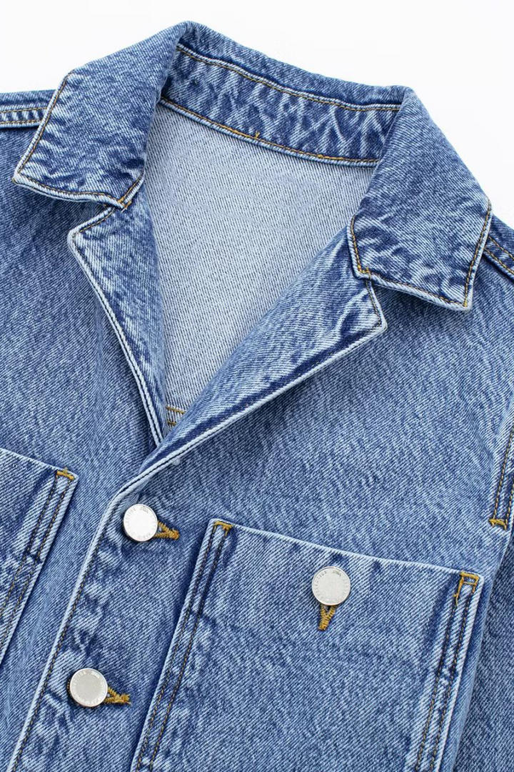 Drune | Lässiger Street Einfarbiger Taschenknopf Umlegekragen Lange Ärmel Lockere Denim Overalls