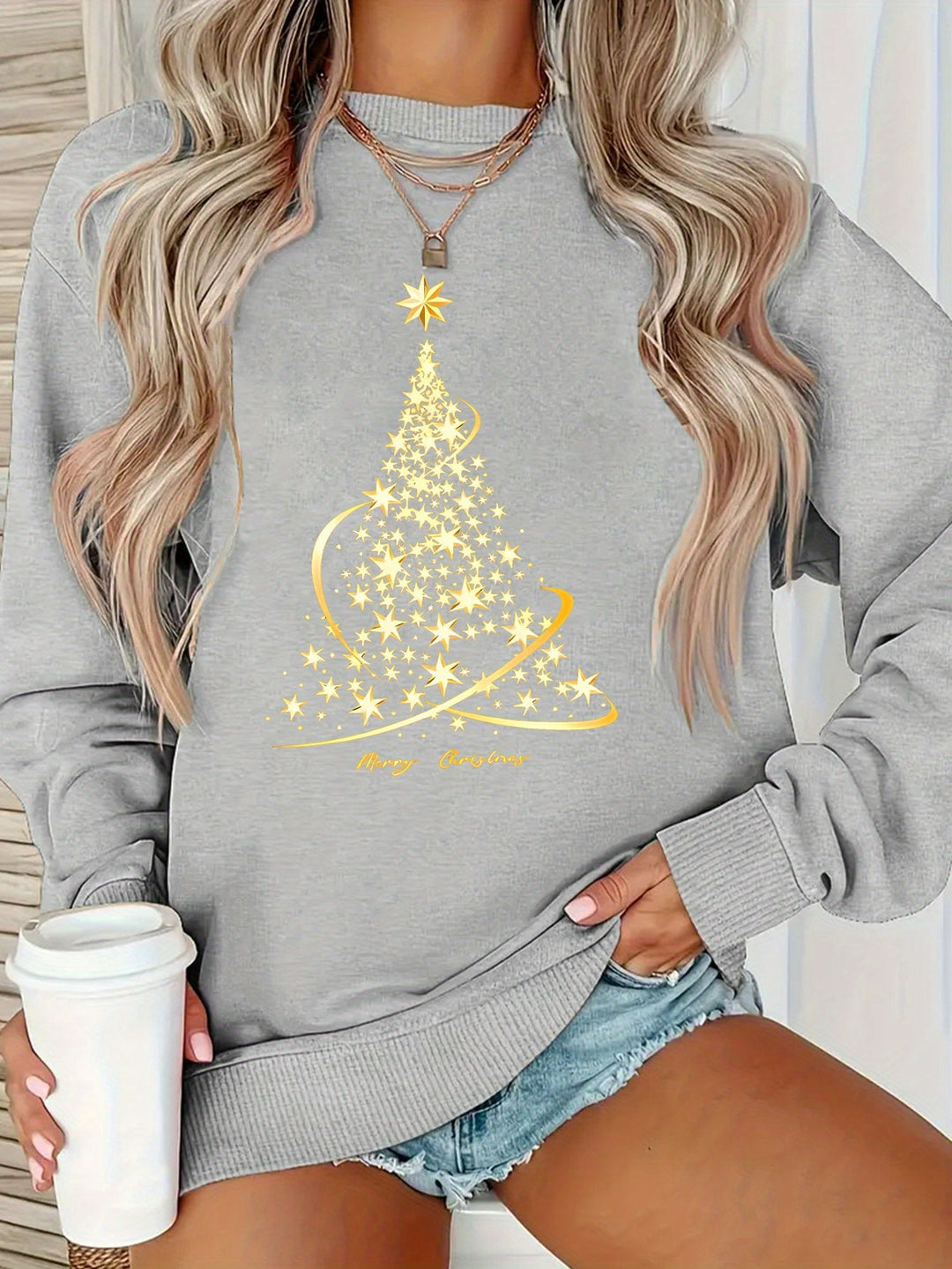 Drune | Jul Sweatshirt mit Print Baumwolle Goldener Weihnachtsbaum Design