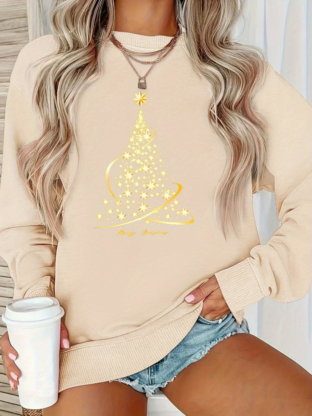 Drune | Jul Sweatshirt mit Print Baumwolle Goldener Weihnachtsbaum Design