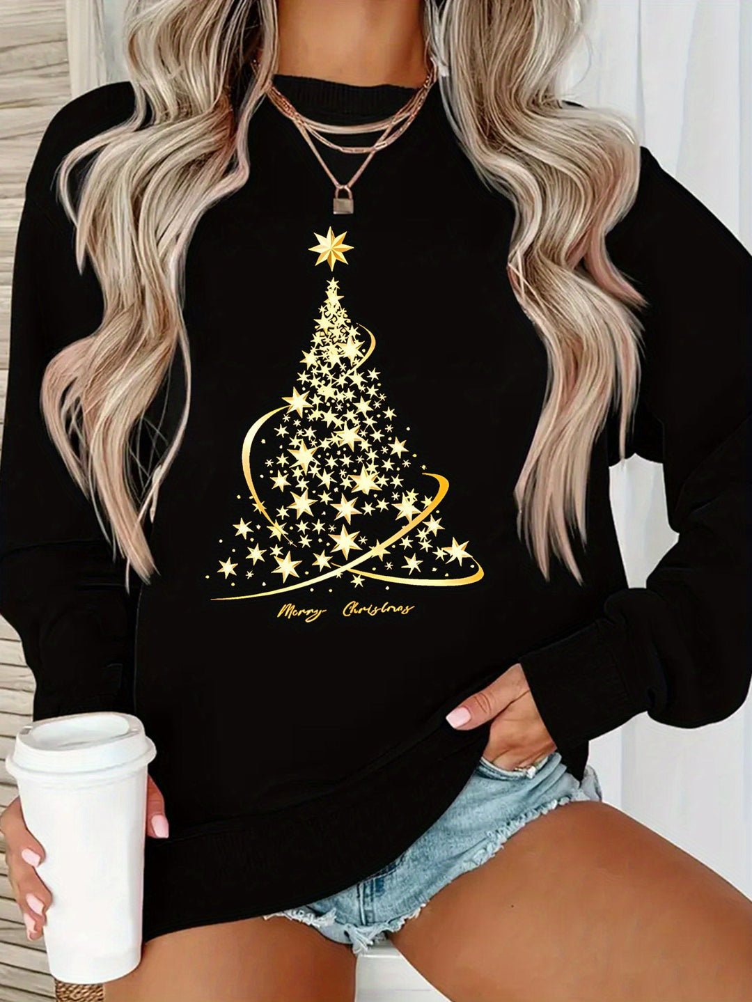 Drune | Jul Sweatshirt mit Print Baumwolle Goldener Weihnachtsbaum Design