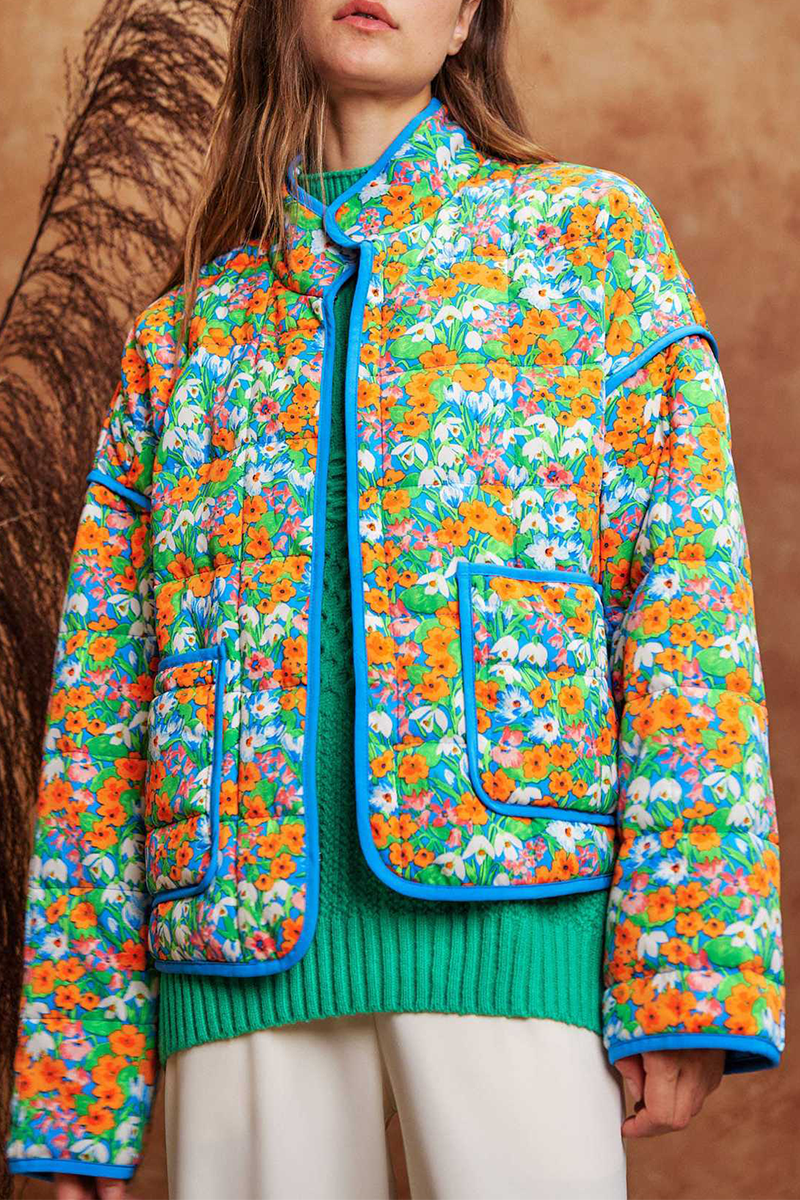 Drune | Lässige Blumen Tasche Patchwork Kontrast Mandarin Kragen Outerwear - 12 Farben