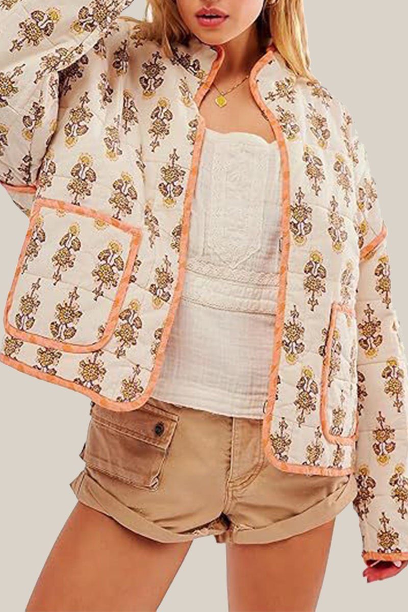 Drune | Lässige Blumen Tasche Patchwork Kontrast Mandarin Kragen Outerwear - 12 Farben