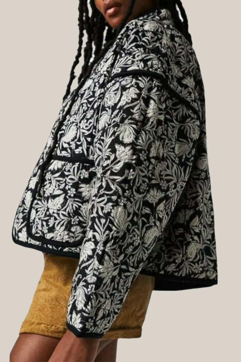 Drune | Lässige Blumen Tasche Patchwork Kontrast Mandarin Kragen Outerwear - 12 Farben