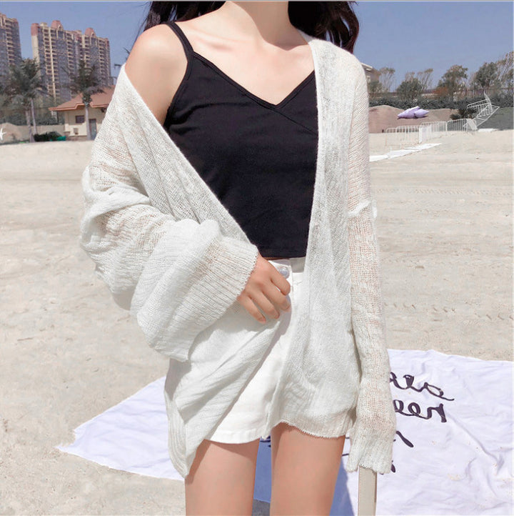 Damen luftiger Strickcardigan mit offener Front und weiten Ärmeln Drune