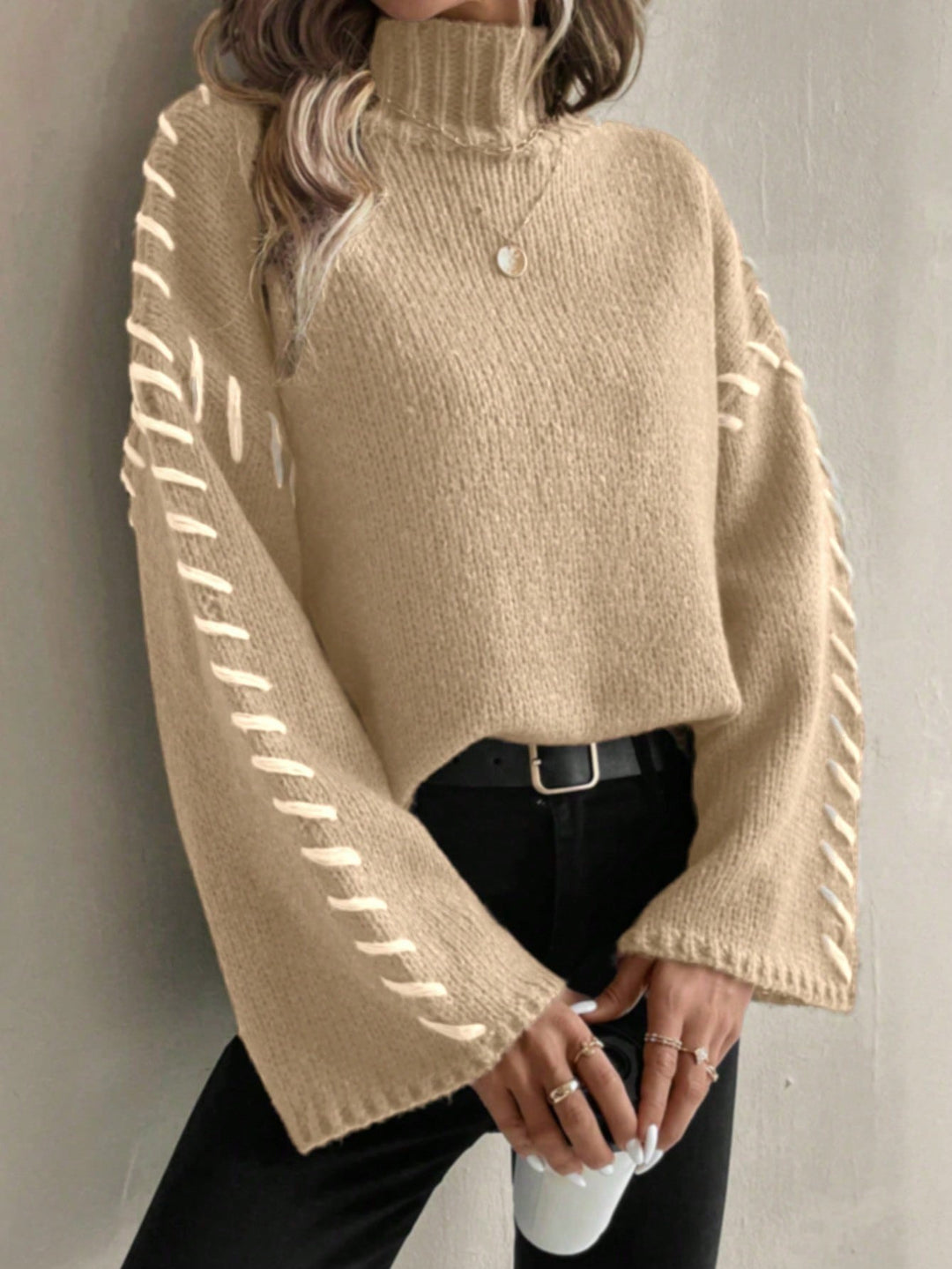 Drune | Damen Patchwork Strickpullover mit kontrastierenden Farben und Rollkragen