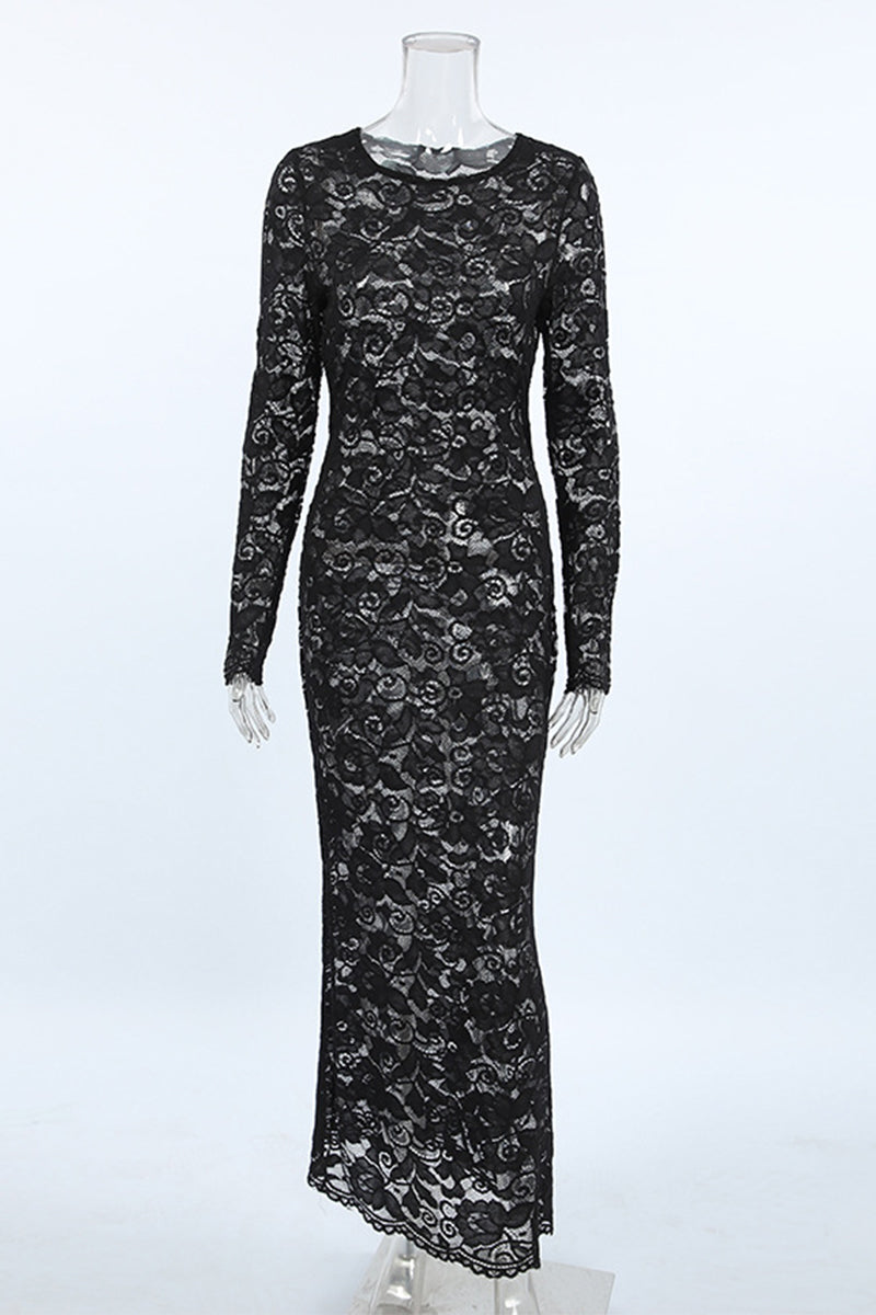 Drune | Sexy Spitze Durchsichtige O-Ausschnitt Spitzenkleid Kleider