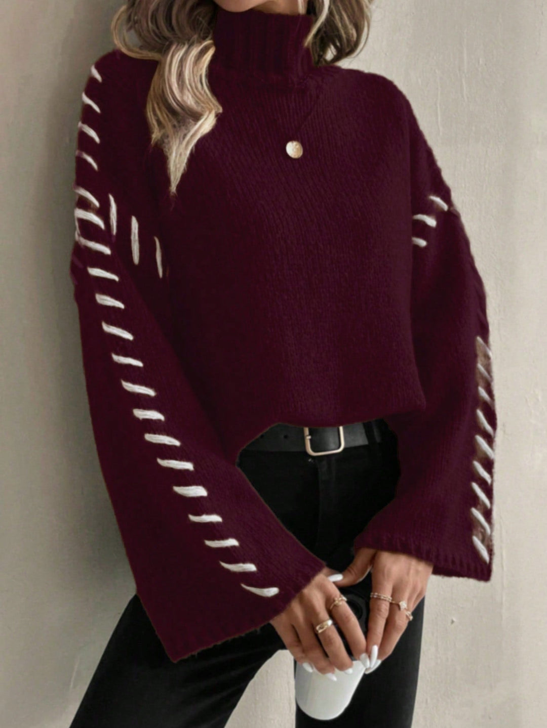 Drune | Damen Patchwork Strickpullover mit kontrastierenden Farben und Rollkragen