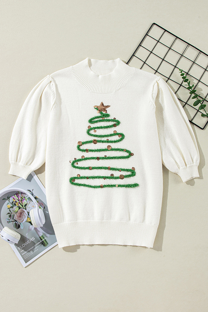 Drune | Lässiger Weihnachtsbaum Pailletten Patchwork Halber Turtleneck Pullover