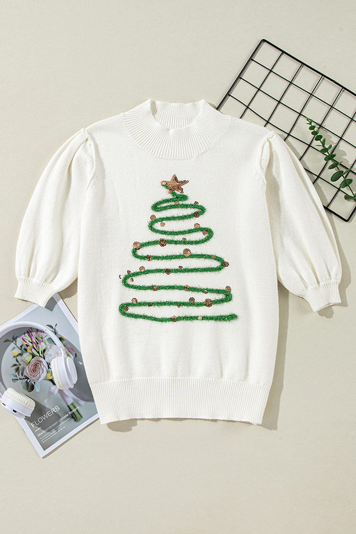 Drune | Lässiger Weihnachtsbaum Pailletten Patchwork Halber Turtleneck Pullover