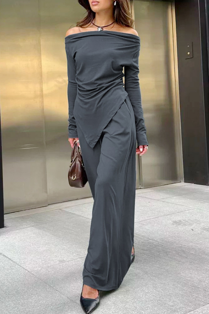 Drune | Stilvolle Herbst Streetwear Off-Shoulder Zweiteilig Set Für Frauen
