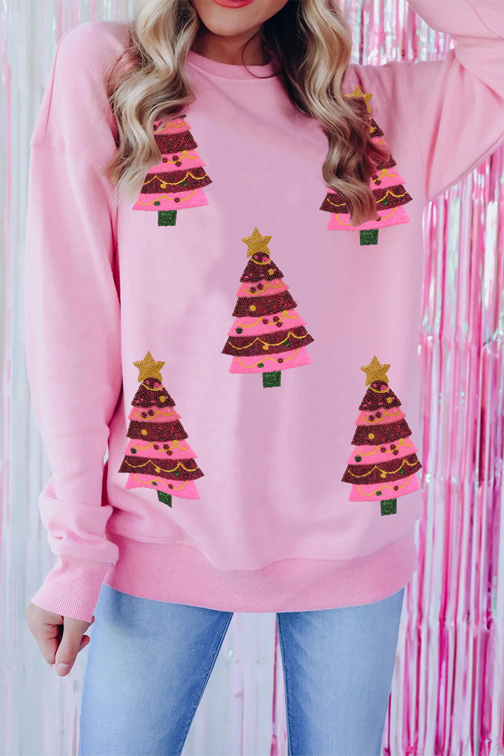 Drune | Lässiger Weihnachtbaum bestickte Pailletten Rundhalsausschnitt Sweatshirt