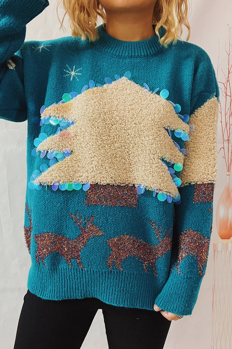 Drune | Lässiger Weihnachtsbaum Pailletten Patch Rundhals Pullover