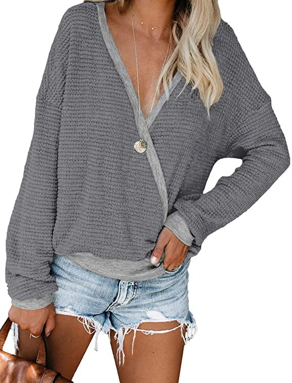 Damen lässiger Pullover mit tiefem V-Ausschnitt und lockerer Passform Drune