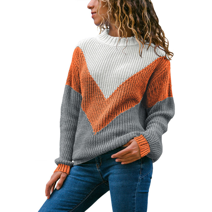Damen Grobstrick Pullover mit modernem V-Ausschnitt und Farbblockdesign Drune