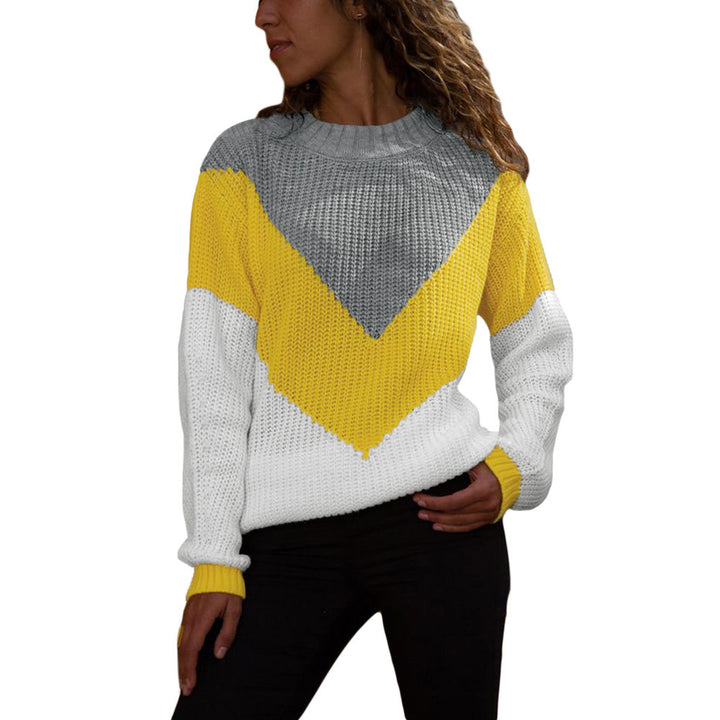 Damen Grobstrick Pullover mit modernem V-Ausschnitt und Farbblockdesign Drune