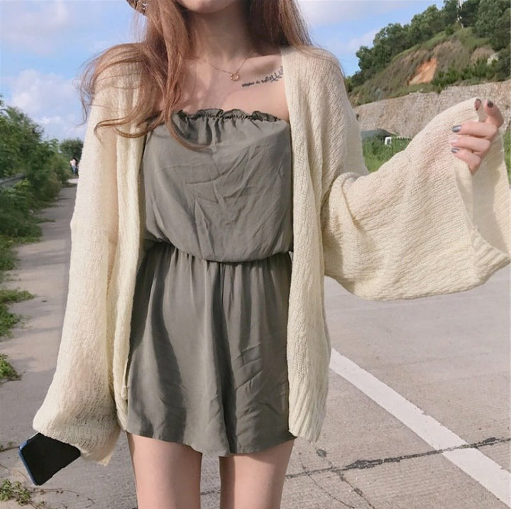 Damen luftiger Strickcardigan mit offener Front und weiten Ärmeln Drune
