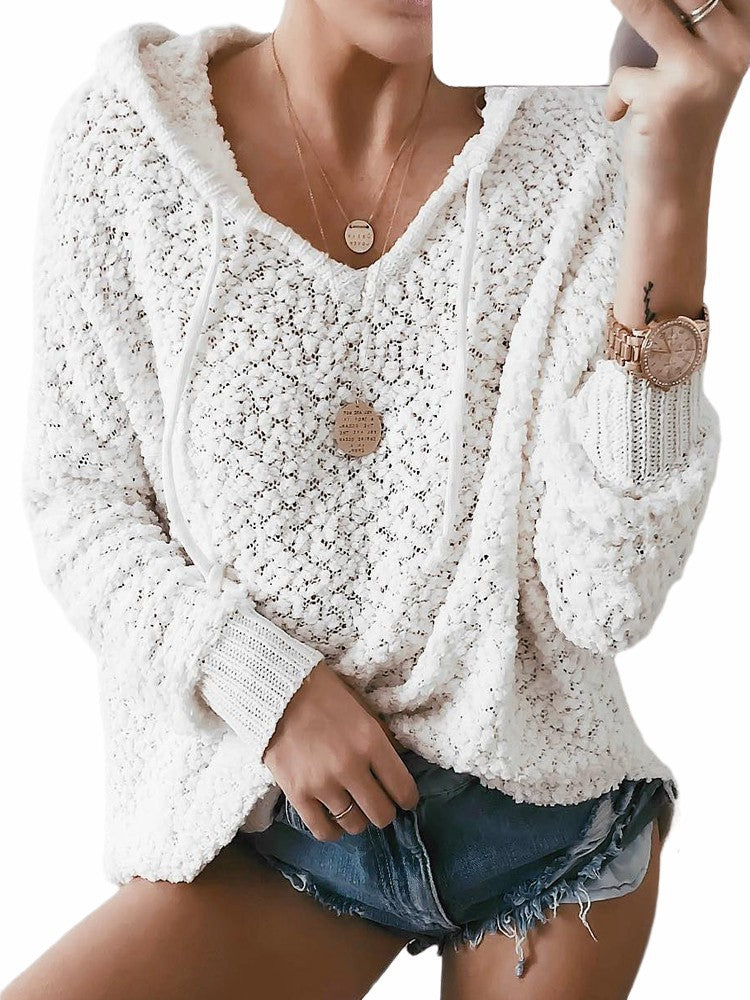 Damen lässiger Strickpullover mit Kapuze und luftiger Struktur Drune